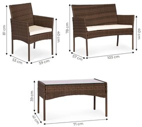 Záhradný set ratanového nábytku: Lavica + stolík + 2 kreslá - hnedá