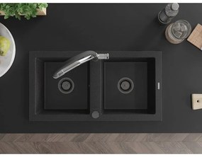 Mexen Mario, granitový drez 820x436x161 mm, 2-komorový a drezová batéria Duo, čierna-strieborná metalíza, 6504-73-671701-07-B