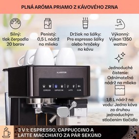 Klarstein Arabica Comfort  kávovar s portafiltrom, 1350 W, 20 bar, 1,8 l, dotykový ovládací panel