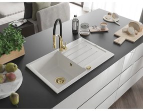 Mexen Bruno, 1-komorový granitový drez 795x495x200 mm a drezová batéria Aster, biela, 6513-20-73450-57-G