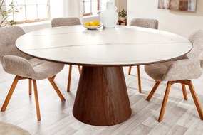 Jedálenský stôl UNIQUE 120 cm okrúhly, orechové drevo, dyhovaná keramika, doska z bieleho mramoru