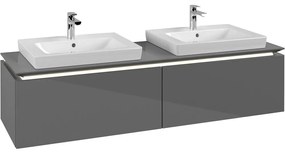 VILLEROY &amp; BOCH Legato závesná skrinka pod dve umývadlá, 2 zásuvky, s LED osvetlením, 1600 x 500 x 380 mm, Glossy Grey, B692L0FP