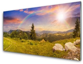 Skleneny obraz Hory lúka kamene príroda 140x70 cm