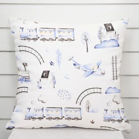 Biante Detská bavlnená obliečka na vankúš Sandra SA-690 Modré vláčiky s lietadielkami na bielom 50 x 50 cm