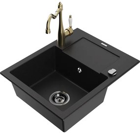 Mexen Enzo, granitový drez 576x465x174 mm, 1-komorový a drezová batéria Carla, čierna, 6506-77-670700-50-B