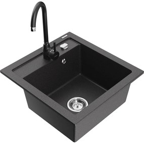 Mexen Vito, 1-komorový granitový drez 520x490x210 mm, čierna matná batéria Telma, čierna škvrnitá, 6503-76-670200-70
