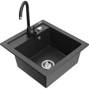 Mexen Vito, 1-komorový granitový drez 520x490x210 mm, čierna matná batéria Telma, čierna škvrnitá, 6503-76-670200-70