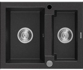 Mexen Carlos granitový 1,5-komorový drez 582 x 475 mm, Čierna/Strieborná metalíza, sifón Chrómová - 6518581500-73
