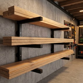 Nástenný regál na drevo a dlhý materiál, 3 úrovne, 350 × 410 mm (2 ks)