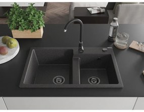 Mexen Tomas, granitový drez 800x500x190 mm, 2-komorový, čierna škvrnitá s čiernym sifónom, 6516802000-76-B