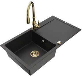 Mexen Leo, 1-komorový granitový drez 900x500x190 mm a drezová batéria Savita, čierna-zlatá metalíza, 6501-75-672601-50