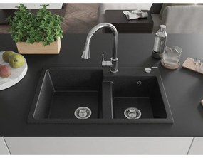 Mexen Tomas, 2-komorový granitový drez 800x500x190 mm a drezová batéria Elia, čierna-strieborná metalíza, 6516-73-670101-00