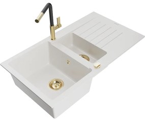 Mexen Matias, 1,5-komorový granitový drez 900x505x200 mm a drezová batéria Flora, biela, 6502-20-670401-57-G
