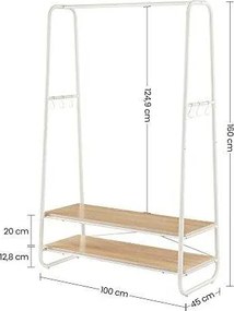 Stojan na oblečenie, s 2 policami, 6 háčikmi v tvare S, oceľový rám, dubová a biela farba