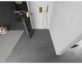 Mexen Kioto+ L, sprchová zástena Walk-In s poličkou a vešiakom 80 x 200 cm, 8mm číre sklo čierny vzor, zlatý lesklý profil,800-080-123-50-77