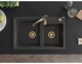 Mexen Tomas, 2-komorový granitový drez 800x500x190 mm a drezová batéria Aster, čierna škvrnitá, 6516-76-73450-57-G