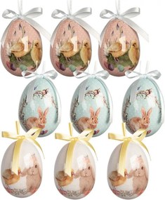 9ks dekorácia farebné závesné vajíčko s zajačikmi a kuriatkami Spring Egg - Ø 5*8 cm