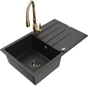 Mexen Bruno, 1-komorový granitový drez 795x495x200 mm a drezová batéria Savita, čierna-zlatá metalíza, 6513-75-672601-50-B