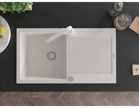 Mexen Leo, drez granitový 900x500x190 mm, 1-komorový, biely s chrómovým sifónom a biela drezová batéria Rita, 6501-20-670300-20