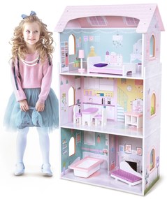 EcoToys Drevený domček pre bábiky s nábytkom - ružový