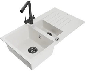 Mexen Matias, granitový drez 900x505x200 mm, 1,5-komorový a čierna batéria Duero, biela, 6502-20-671600-70
