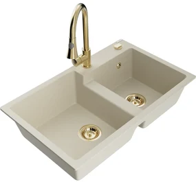 Mexen Tomas, 2-komorový granitový drez 800x500x190 mm a drezová batéria Elia, béžová, 6516-69-670101-50