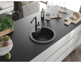 Mexen Diego, 1-komorový granitový drez 488x488x167 mm a drezová batéria Flora, čierna škvrnitá, 6512-76-670401-70-B