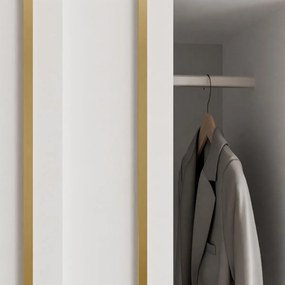 ŠATNÍKOVÁ SKRIŇA S POSUVNÝMI DVERAMI CYNTIA BIELA + ZLATÉ LIŠTY 200 cm