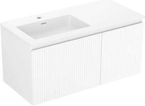 Mexen Rivel, kúpeľňová skrinka 100 cm s ľavým umývadlom Otis, 1S, 1D, drážkovaná, biela matná, 91A23-10047-3-BBFF01-W18L01