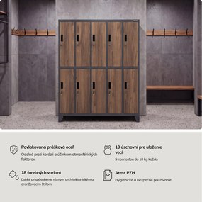 Kovová šatňová boxová skriňa na nôžkach s 10 boxami BARTEK, 1360 x 1720 x 450 mm, Eco Design: antracitová/ dub sonoma