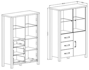 Presklená vitrína Olin 44 so zásuvkami 101 cm - karamelový dub / čierny supermat