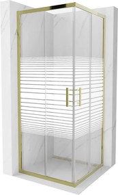 Mexen Rio, štvorcový sprchovací kút s posuvnými dverami 80(dvere) x 80(dvere) x 190 cm, 6mm číre sklo s pásikmi, zlatý profil, 860-080-080-50-20
