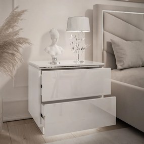 NOČNÝ STOLÍK NESSIE 2 BIELY LESK + STRIEBORNÝ LED