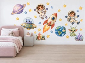 Raketa s kozmonautmi a ufónmi hravé akvarelové nálepky na stenu do vesmírnej detskej izby arch 46 x 34 cm