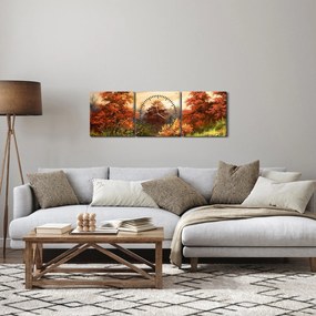 Obraz rieky v jesennej krajine, olejomaľba (s hodinami) (90x30 cm)
