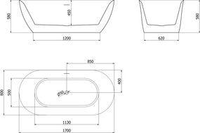 Mexen Roxy, voľne stojaca vaňa 170 x 80 cm, biela-čierna, biely prepad, 51201708075-20
