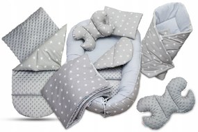 Obojstranné hniezdočko (kokon) pre bábätko - BABYMAM PREMIUM set 7v1 - Malé biele hviezdičky so šedou Minky