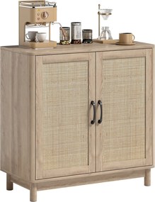 HOMCOM boho komoda s ratanovými dvierkami, nastaviteľná polica a zaoblené hrany — dubový dekor, 76 x 35 x 75,5 cm | Aosom