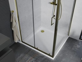 Mexen Apia, sprchový kút s posuvnými dverami 100 (dvere) x 100 (stena) cm, 6mm číre sklo, zlatý profil + biela sprchová vanička SLIM, 840-100-100-50-00-4010G