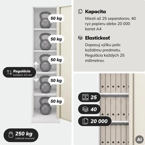 Kovová kancelárska skriňa na dokumenty, biela/dub Sonoma, 450x1850x400 mm: ALEX Eco Design