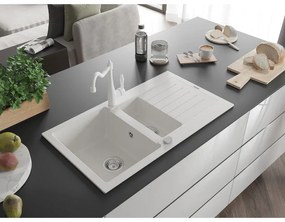 Mexen Matias, granitový drez 900x505x200 mm, 1,5-komorový a drezová batéria Carla, biela, 6502-20-670700-20