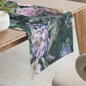 Biante Dekoračný behúň na stôl BM-010 Veľké fialové kvety na tmavo zelenom 45x140 cm