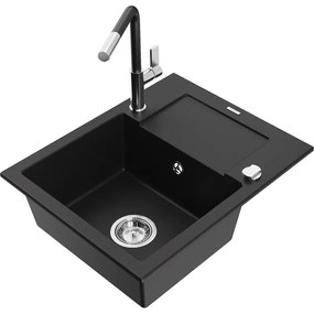 Mexen Enzo, 1-komorový granitový drez 576x465x174 mm a drezová batéria Flora, čierna, 6506-77-670401-07