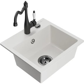 Mexen Milo, granitový drez 435x410x171 mm, 1-komorový a drezová batéria Carla, biela, 6505-20-670700-70