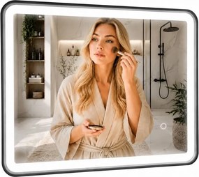 Erga Sari, LED zrkadlo v čiernom ráme s vyhrievaním a dotykovým ovládaním, 80 × 60 cm, čierna matná, ERG-YKA-MR.SARI-BLK-60X80