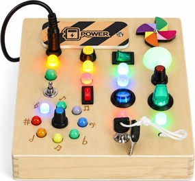 ECOTOYS Dřevěná interaktivní manipulační tabule s LED světly od 3 let