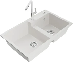 Mexen Tomas, 2-komorový granitový drez 800x500x190 mm a drezová batéria Flora, biela, 6516-20-670401-02