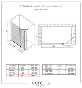 Cerano Antelo, 1-krídlové sprchové dvere s pevnou časťou 90(dvere) x 50(stena) x 190 cm, 6mm číre sklo, chrómový profil, CER-CER-435848