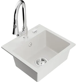Mexen Milo, 1-komorový granitový drez 435x410x171 mm a drezová batéria Elia, biela, 6505-20-670101-00