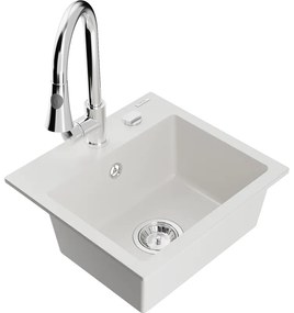 Mexen Milo, 1-komorový granitový drez 435x410x171 mm a drezová batéria Elia, biela, 6505-20-670101-00